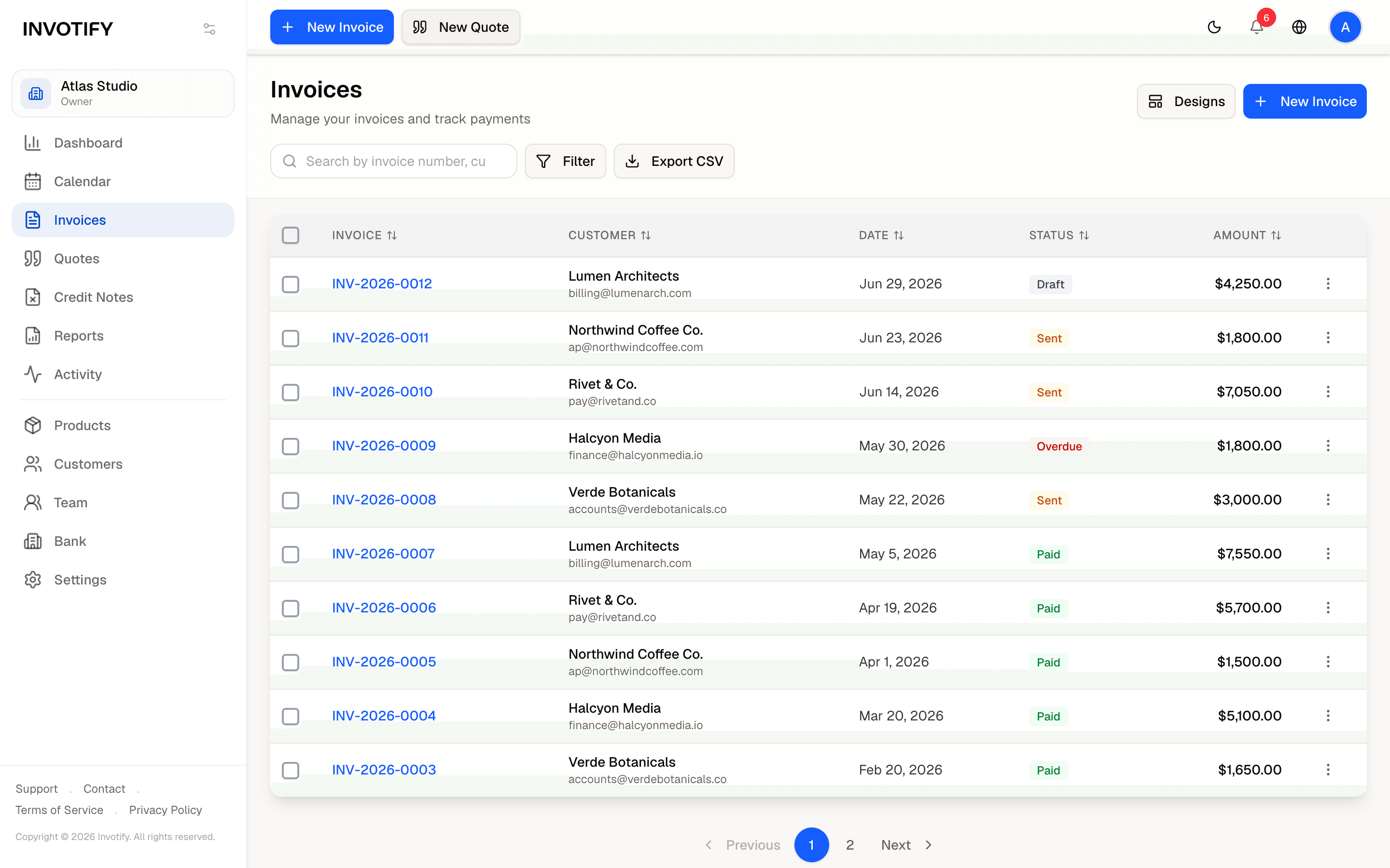 The Invotify invoice list showing invoices with paid, sent, overdue and draft statuses
